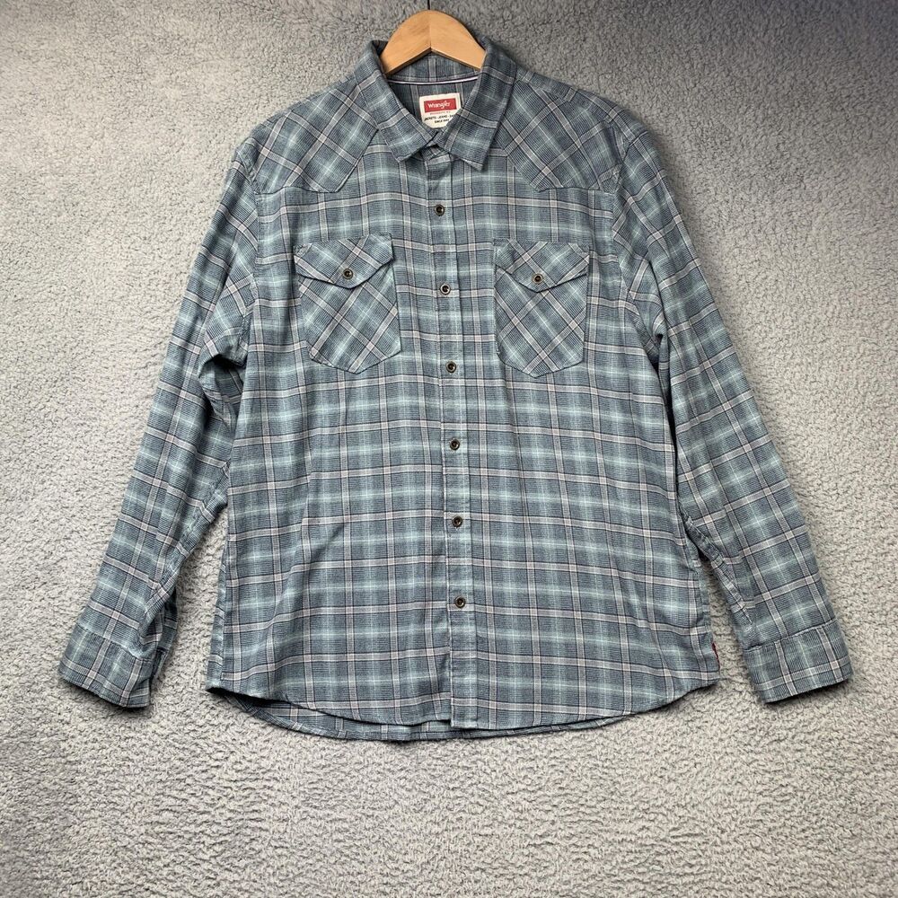 Wrangler Shirt Mens XL Blue Gray Plaid Lightweight Flannel Western Long Sleeve